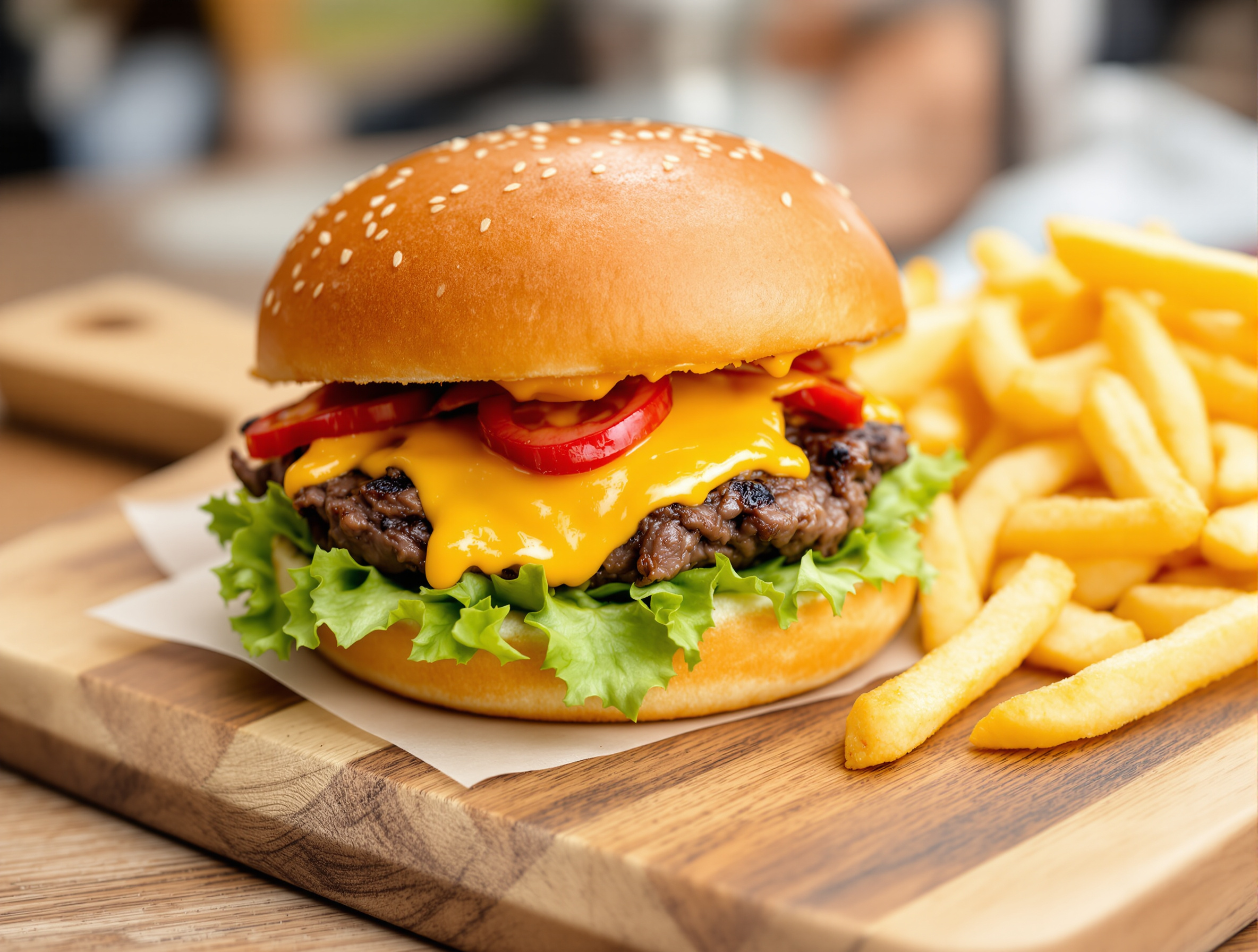 Burger maison au fromage fondu et frites maison dorées, servis sur une planche en bois.