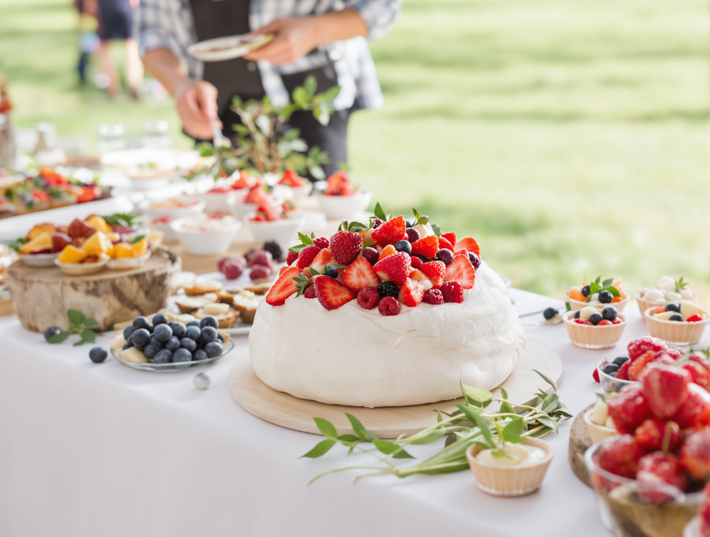 Buffet de desserts maison : pavlova aux fruits rouges, tartes et verrines de saison.
