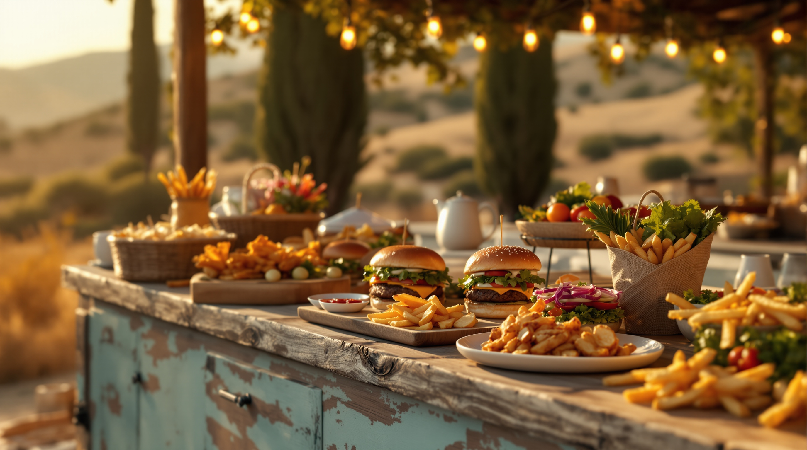 Étal en plein air au coucher du soleil : burgers, frites maison et salades de saison sur un comptoir en bois, dans la campagne du Luberon.
