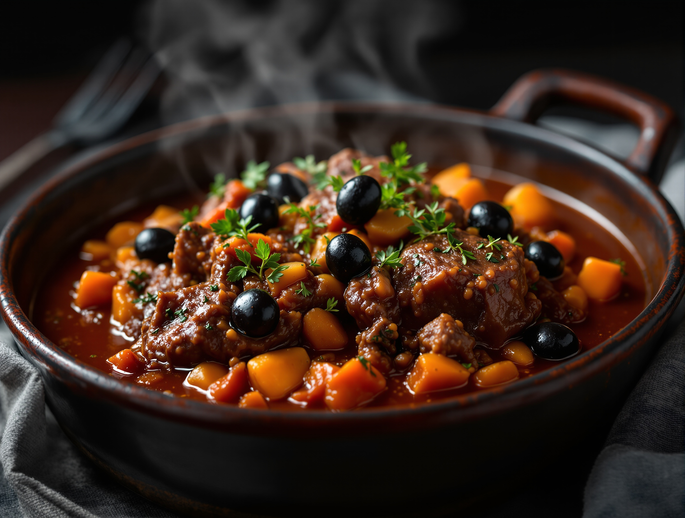 Gardianne provençale mijotée, olives noires et herbes, servie dans un plat en céramique.