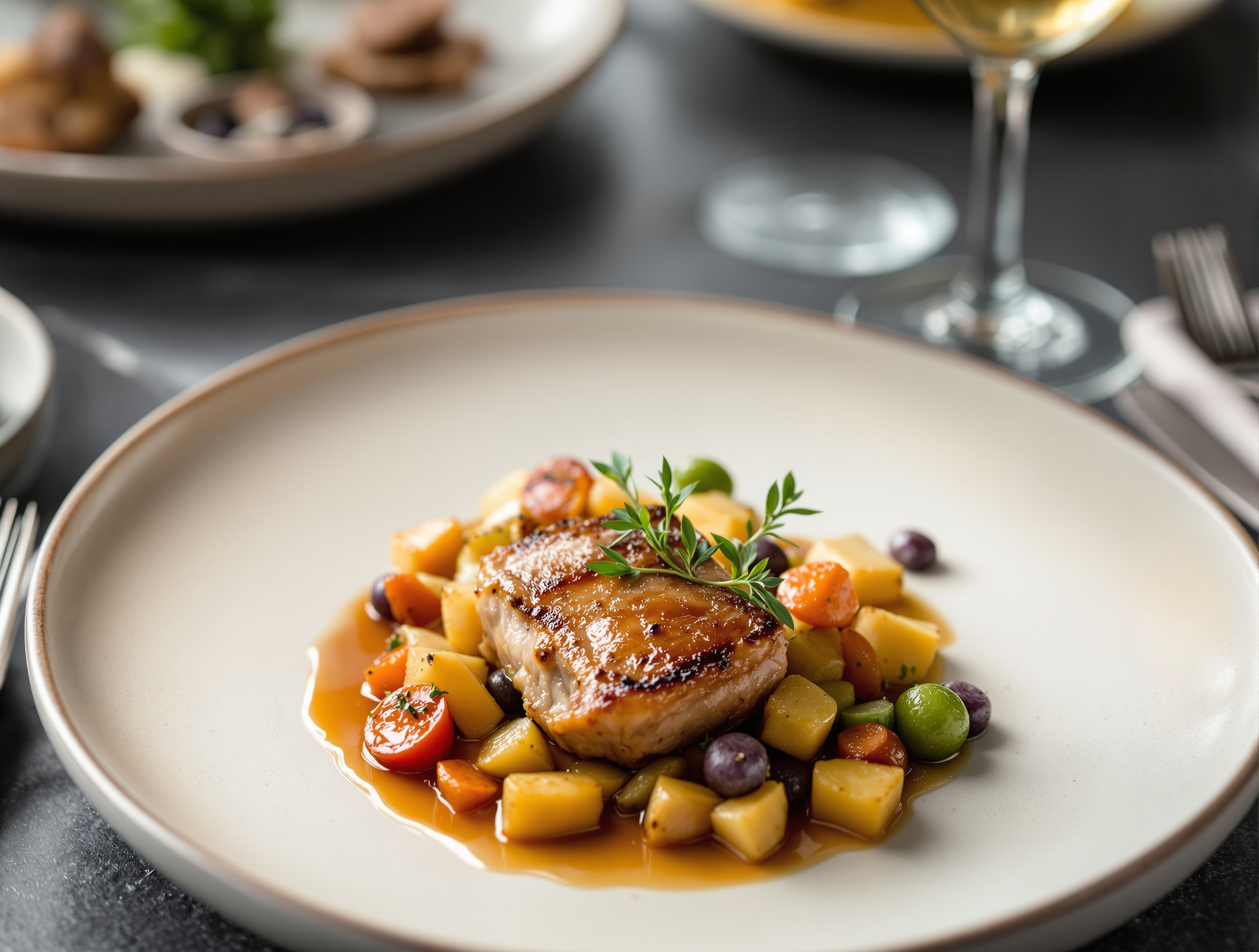 Assiette gastronomique dressée : magret rôti, jus au miel, petits légumes glacés.